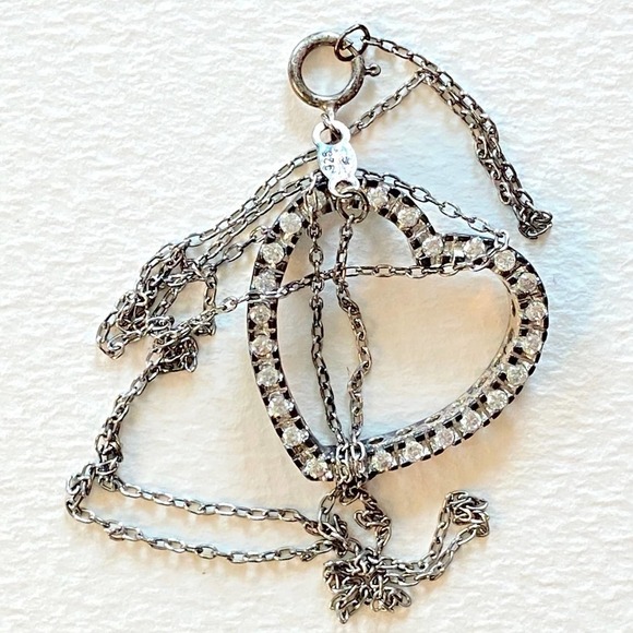 Sterling Silver w Rhinestones Heart Shape Pendant Necklace 17" chain. - Picture 6 of 8